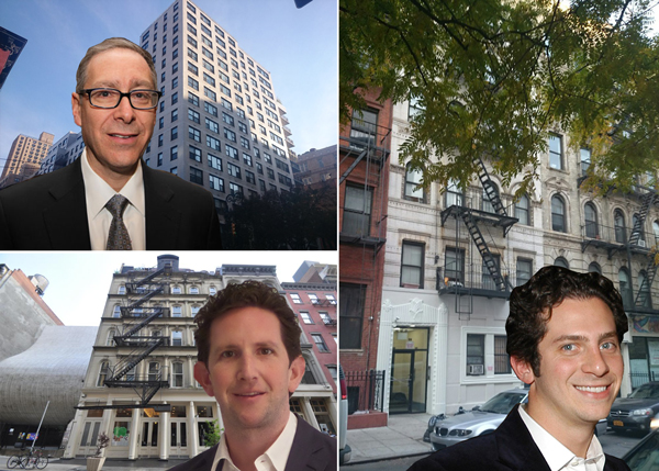 Clockwise from top left: Dov Hertz and 130 East 18th Street, Terrence Lowenberg (Credit: Getty Images) with 59 East 3rd Street and Jordan Vogel with 41-45 White Street