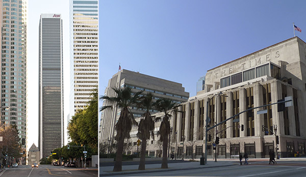 The Aon Center at 707 Wilshire Boulevard and the Times Mirror Square at 202 W. First Street