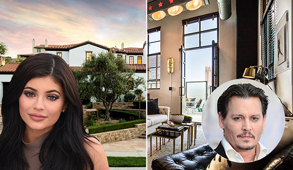 Kylie Jenner, her home on Prado De Oro, Johnny Depp, and his Eastern Columbia Building penthouse (Credit: Getty, MLS, Partners Trust)