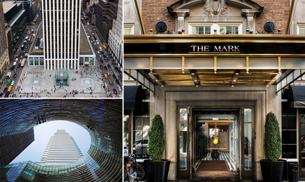 Clockwise from top left: The GM Building, the Mark Hotel and 731 Lexington Avenue (Credit: Macklowe, Twitter and Vornado)