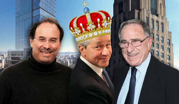 From left: Rendering of Central Park Tower, One Wall Street, Gary Barnett, Jamie Dimon and Harry Macklowe (Credit: Getty Images)