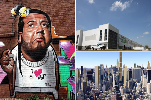 Clockwise from left: Belin &amp; King Bee mural in the Bronx, Amazon's warehouse in Lehigh Valley, PA, Manhattan skyline.