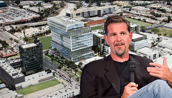 Netflix CEO Reed Hastings and a rendering of the studios at 5800 Sunset Boulevard (Credit: Wiki Commons, Hudson Pacific)