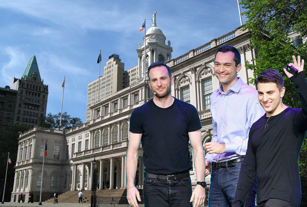 From left: City Hall, Airbnb Founders Joe Gebbia, Nathan Blecharczyk and Brian Chesky (Credit: Getty Images)