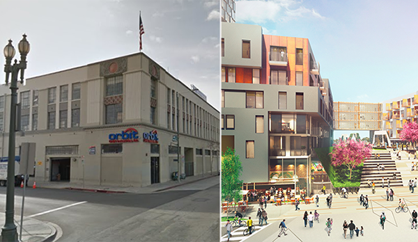 The Orbit Industries building at 2100 S. Figueroa Street and a rendering of the Reef project
