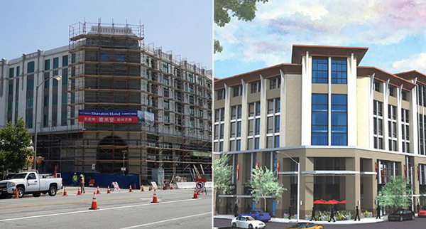 Construction on the Sheraton and a rendering of the Hyatt, both on Valley Boulevard (Credit: San Gabriel City, Cityfeet)