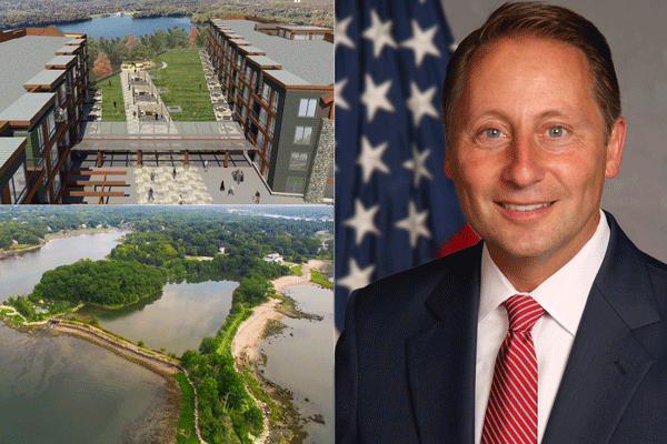 Clockwise from top left: rendering of The Vue, Westchester County Executive Rob Astorino, $49-million-dollar property in Mead Point, Greenwich.