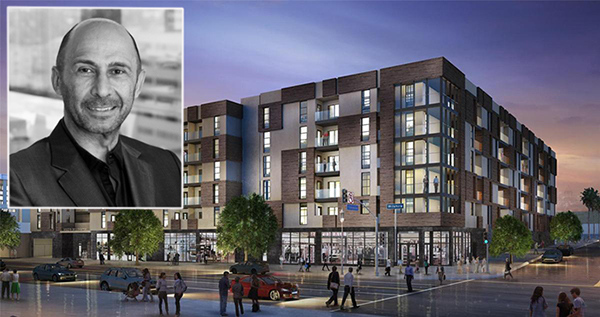 Sonny Astani and a rendering of the apartments at 1515 Wilshire Boulevard (Credit: USC, HotPads)