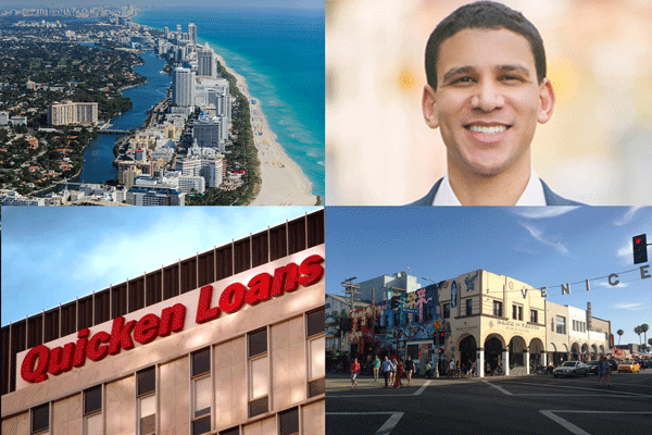 Clockwise from top left: Miami Beach, Compass founder and CEO Robert Reffkin, Venice Beach, Quicken Loans building.
