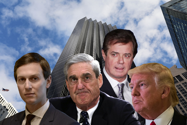 From left: Jared Kushner, Robert Mueller, Paul Manafort, President Donald Trump and Trump Tower (Credit: Getty Images)