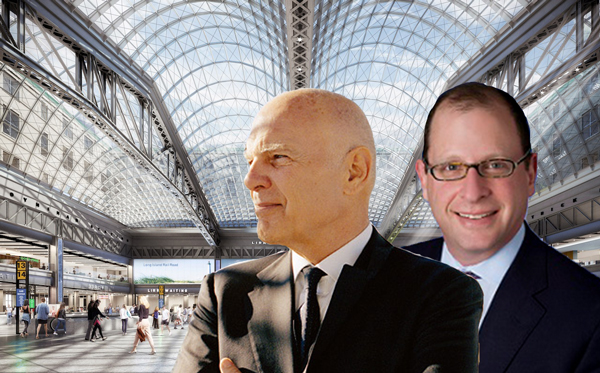 From left: Rendering of the Moynihan train hall, Steve Roth and Deutsche’s Matt Borstein