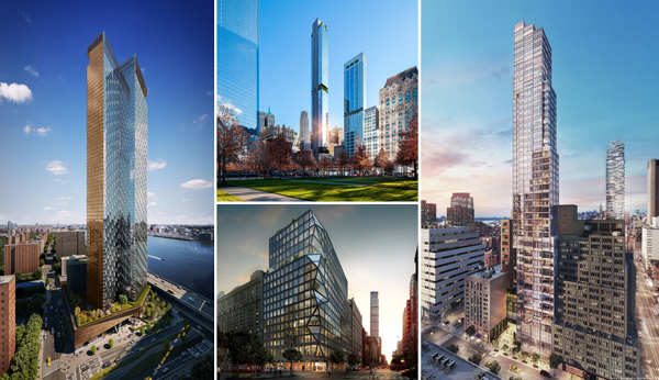 From left: Renderings of One Manhattan Square, 125 Greenwich Street (top) 121 East 22nd Street and 45 Park Place