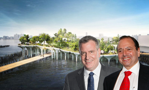 Rendering of Pier 55, Mayor Bill de Blasio and Douglas Durst (Credit: Luxigon and Getty Images)
