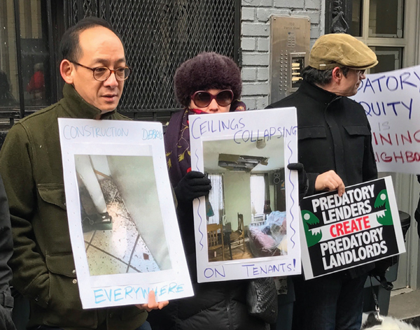 Tenants at Croman’s 159 Stanton St., protesting building conditions (Photo courtesy The Lo-Down)