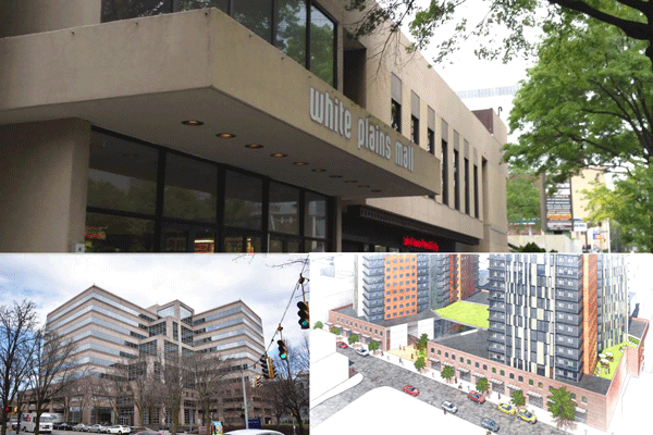 Clockwise from top: White Plains Mall, RXR Realty's two-tower proposal in New Rochelle, Stamford Towers