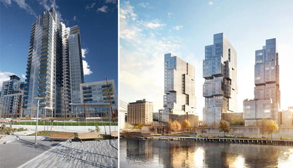 The South Tower at 2 North 6th Street and rendering of 416-420 Kent Avenue (Credit: ODA New York)