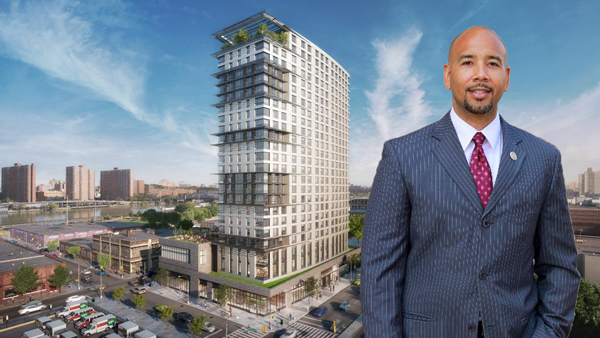 Ruben Diaz Jr. and rendering of 425 Grand Concourse (Credit: Twitter and Dattner Architects)