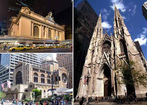 Clockwise from top left: Grand Central Terminal, St. Patrick's Cathedral and St. Bartholomew's Church