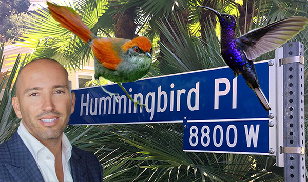 Jason Oppenheim, the changed sign at Hummingbird Place, a pinto bird (photo by Stephen J. Jones) and a hummingbird