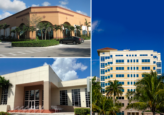 Clockwise from top left, Miramar Park of Commerce, Royal Palm Office Park and Doral Logistics Center