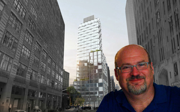 Louis Madigan and a previous rendering of 111 Varick (Credit: Twitter and S9 Architecture)