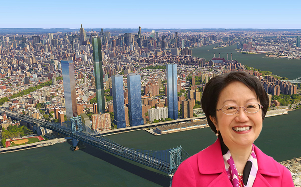 Margaret Chin and renderings of the development in Two Bridges