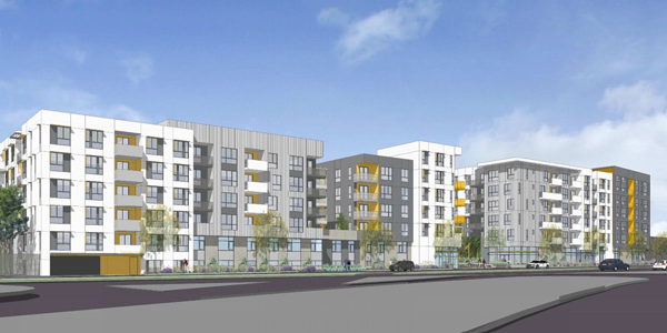 A rendering of the four-building apartment complex in North Hills (credit: Department of City Planning)