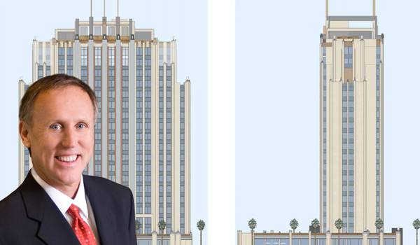 R.D.Olson's CEO Robert Olson and renderings of the hotel (credit: Los Angeles Department of City Planning)