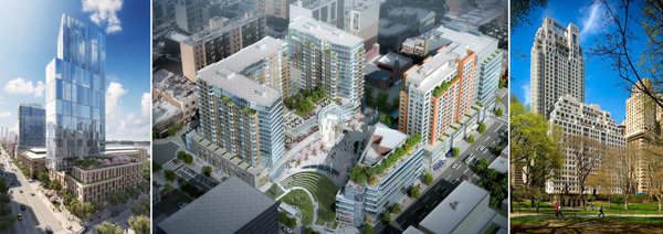 From left: Renderings of 1 West End Avenue, Flushing Commons and 15 Central Park West