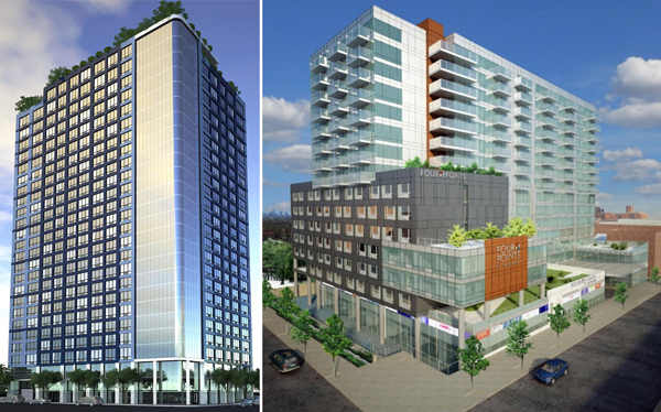 From left: Renderings of condos at 27-17 42nd Road and 134-37 35th Avenue