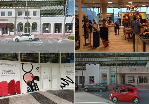 Clockwise from top left: 660 Collins Avenue, Anthropologie, 638 Collins Avenue and Bluemercury's space at 1109 Lincoln Road