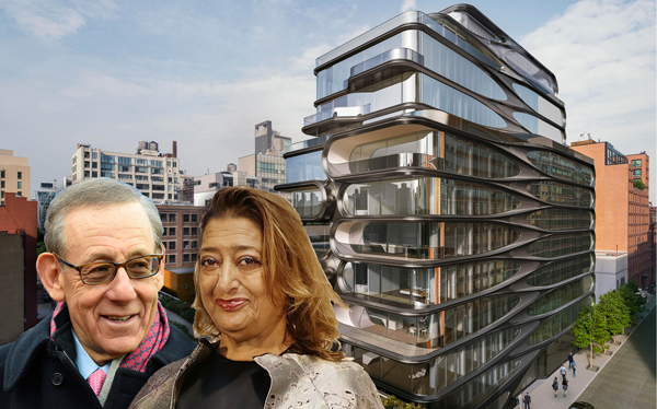 From left: Stephen Ross, Zaha Hadid and 520 West 28th Street (Credit: Getty Images)