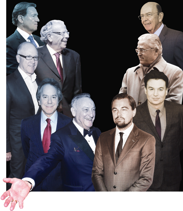 From top (left): Richard Fields, Leslie Alexander, Woody Johnson, William Lie Zeckendorf and Sandy Weill; from top (right): Wilbur Ross, Guy Wildenstein, Mike Myers and Leonardo DiCaprio