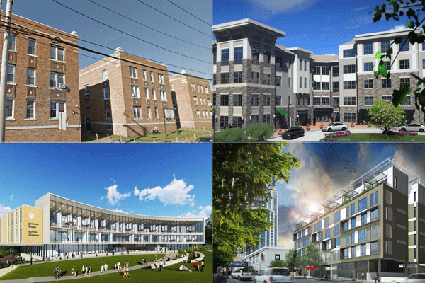 Clockwise from the top left: a few of Rhodium Capital Advisors' new Bridgeport buildings, Toll Brothers' Harrison development, Hudson &amp; East's new New Rochelle project, Fairfield University's proposed new business school.