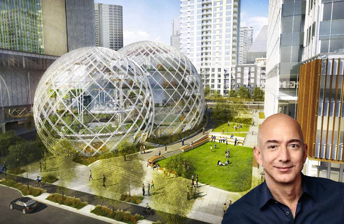 Rendering of Amazon's Seattle headquarters and Jeff Bezos
