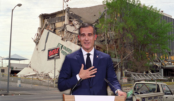Eric Garcetti and damage from the 1994 Northridge earthquake (Credit: Getty, Wikimedia Commons)