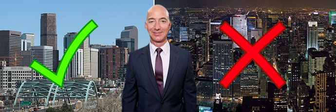 Jeff Bezos with the Denver and Manhattan skylines