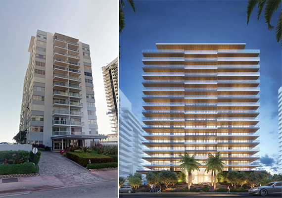 Marlborough House at 5775 Collins Avenue and rendering of proposed condo to replace it
