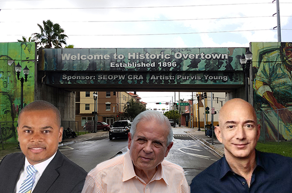 Overtown and from left, Keon Hardemon, Tomas Regalado and Jeff Bezos