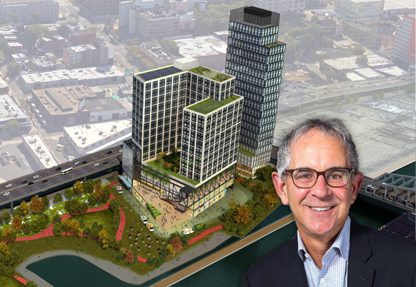 Ron Moelis and a rendering of Bronx Point (Credit: S9 Architecture)