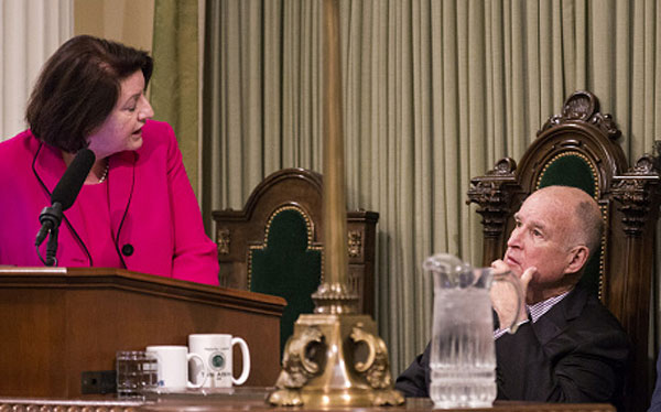 Senator Toni Atkins with Governor Jerry Brown (Getty)