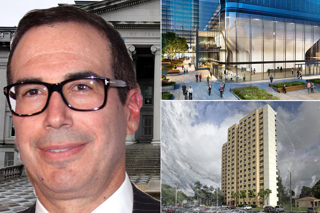 Clockwise from left: Secretary of the Treasury Steve Mnuchin, One Manhattan West and Civic Towers in Miami