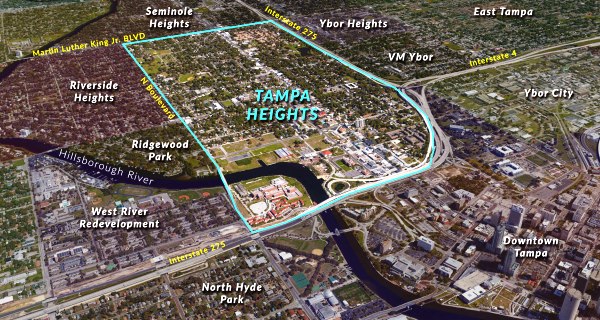 The Heights area of Tampa is located northwest of the city's downtown.