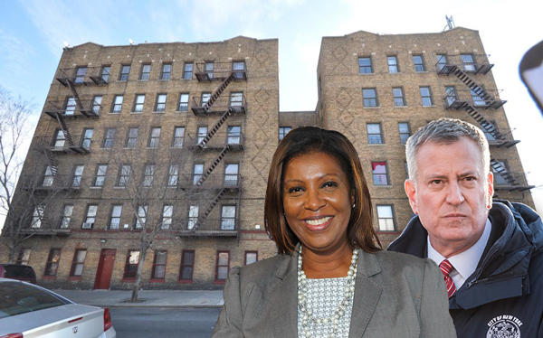 From left: 1838 Vyse Avenue, Letitia James and Mayor Bill de Blasio (Credit: Getty Images)