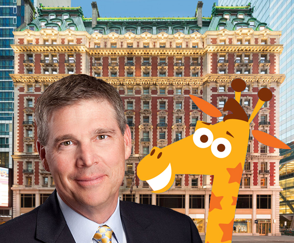 From left: Toys "R" Us Chairman, Dave Brandon, Geoffrey the Giraffe and the Knickerbocker at 1466 Broadway