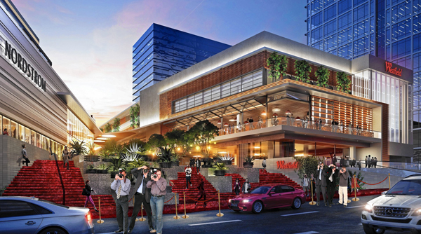 Westfield Century City mall (Rendering via Westfield, photo illustration by Lexi Pilgrim for The Real Deal)