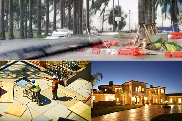 Clockwise from top: Hurricane Irma in Miami, luxury real estate in Los Angeles, and multifamily construction