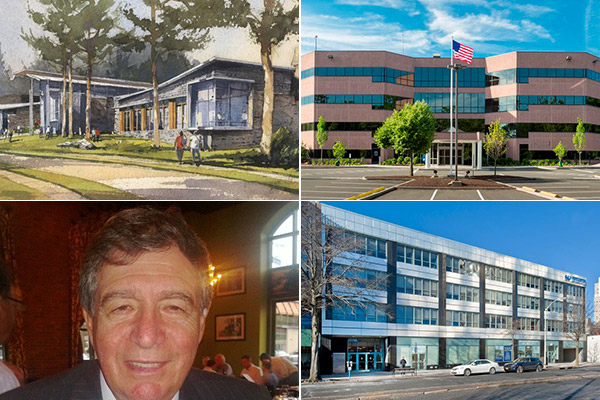 Clockwise from top left: The proposed Barbara Walters Campus Center in Yonkers, Cross Street Medical Center in Norwalk, developer John DiMenna, and 75 South Broadway in White Plains.