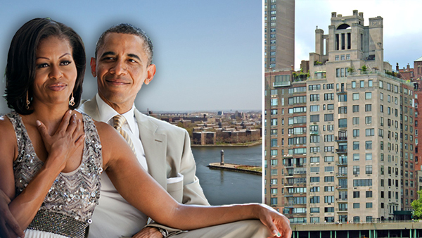 From left: Former First Lady Michelle Obama, President Barack Obama and 10 Gracie Square (Credit: CityRealty)