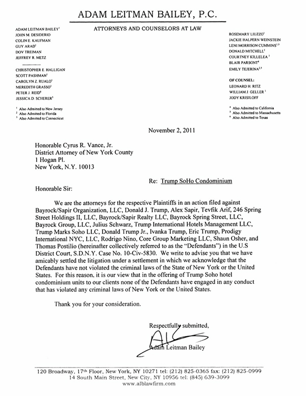 The letter sent by the plaintiffs' attorney to Manhattan DA Cyrus Vance, Jr. (Click to enlarge) Credit: <em>The Real Deal</em>
